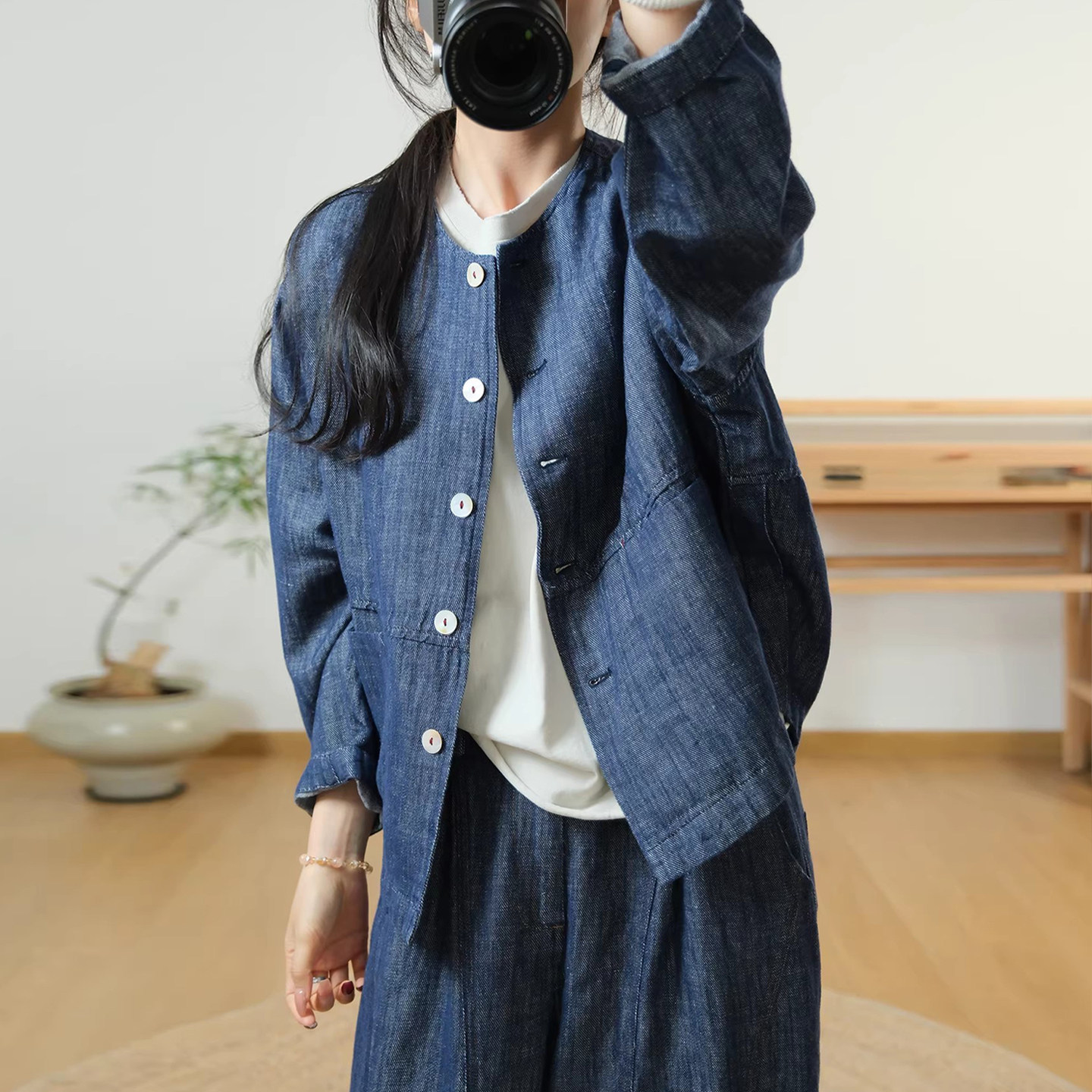 古与色春季文艺复古拼接宽松大码休闲蝙蝠袖牛仔衬衫短外套女上衣