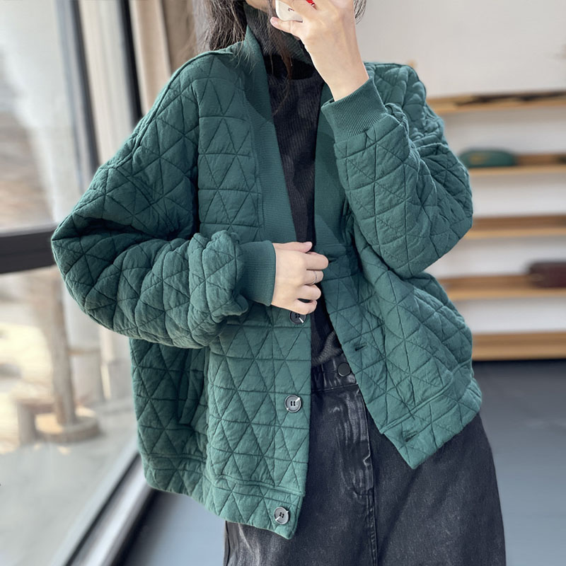 复古风菱形格大码开衫短外套棉衣