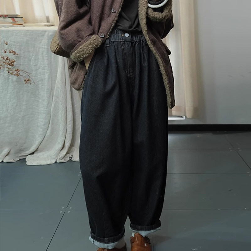 古与色冬季韩版港风宽松大码休闲长裤百搭松紧腰牛仔加绒哈伦裤女,女装/女士精品,牛仔裤,淘宝优惠券,粉丝福利购,淘宝优惠卷