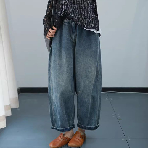 磨白宽松长裤松紧腰牛仔哈伦裤女