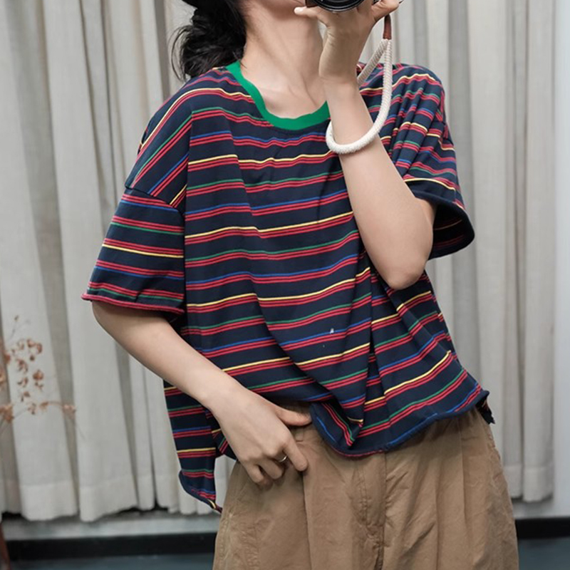 夏季小众圆领撞色条纹纯棉T恤女