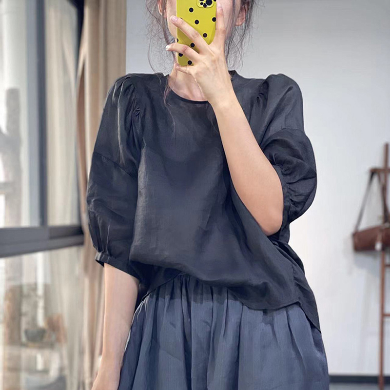 古与色夏季日系减龄前短后长宽松套头衬衣百搭中袖苎麻衬衫女上衣