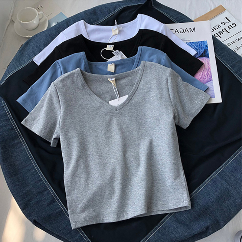 V领短袖正肩T恤女装夏季