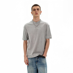 大黄怪美式 正肩痞帅高级感t恤男亨利领肌理感针织小众体恤上衣