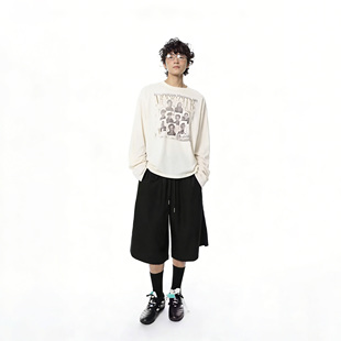 BY春秋美式 T恤男潮牌痞帅宽松慵懒上衣情侣潮 复古弯刀长袖