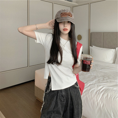 不规则短袖t恤女短款正肩