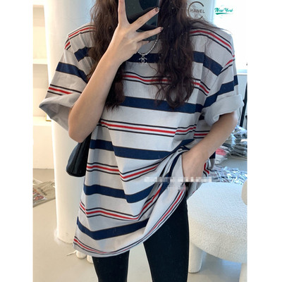 撞色条纹短袖t恤女ins潮