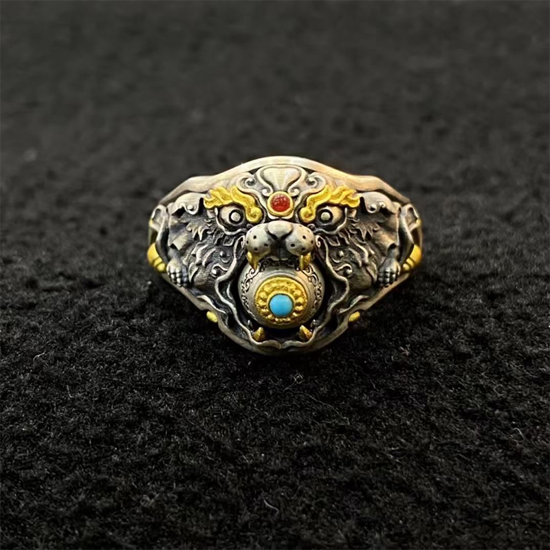 【藏玺物与悟/缘】925银镶嵌绿松石吐宝鼠戒指精工做旧民族风指环