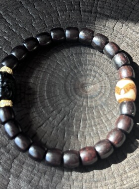 原创款 原生态天然原色直切椰蒂玛瑙精雕黄财虎牙天珠手串手链