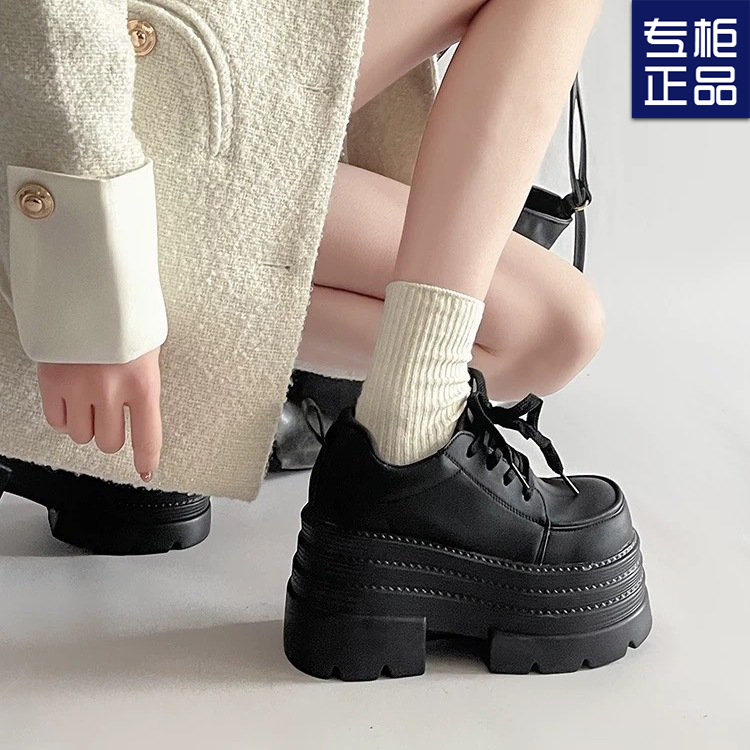 2025春季新款小个子厚底时尚百搭系带小皮鞋女超厚底增高10cm单鞋