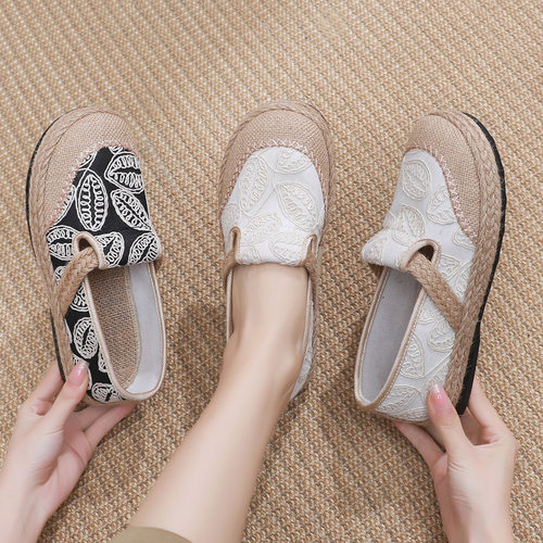 春季新款懒人一脚蹬渔夫鞋女复古风亚麻圆头休闲棉麻鞋老北京布鞋