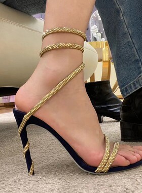 现货L-222新款2025仙女风夏季露趾蛇形环脚一字带细跟高跟凉鞋女