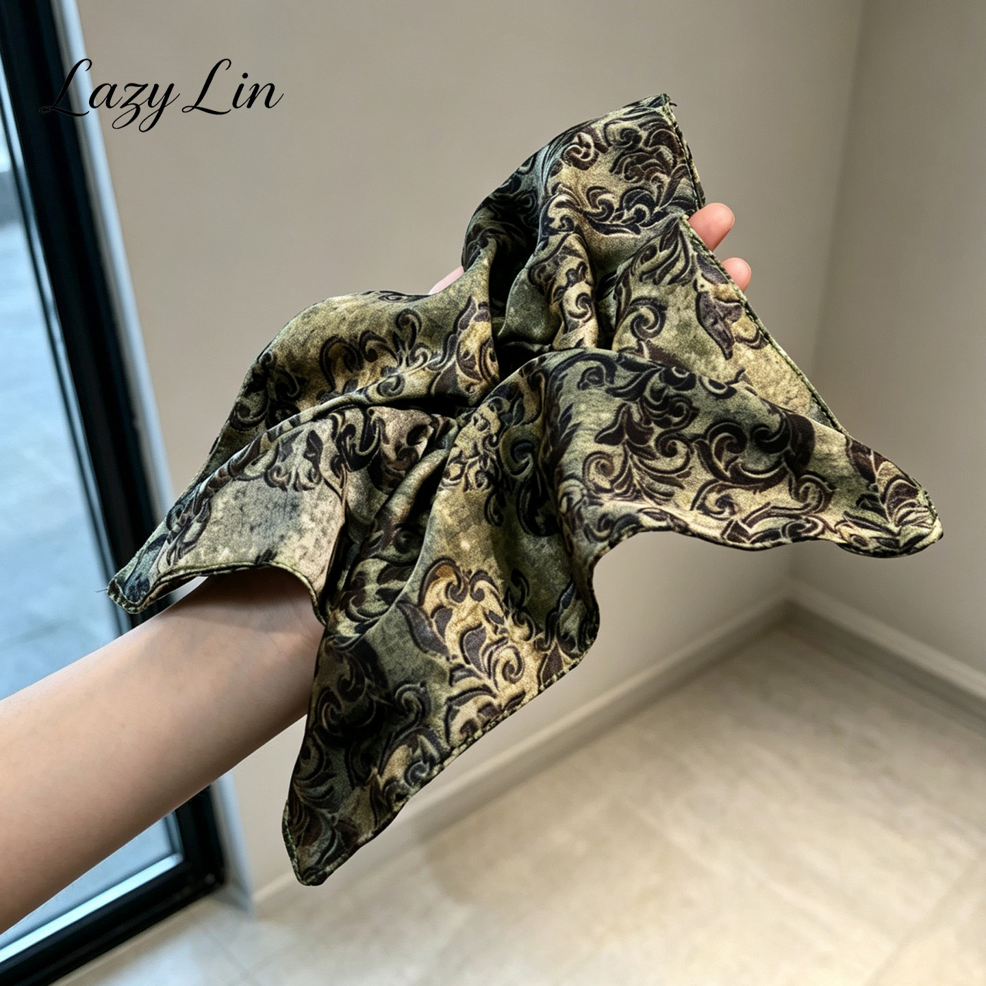 复古做旧卷草纹样方巾大肠发圈 国风暗纹大飘带气质方形发饰头花