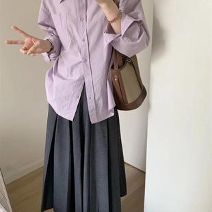 新款 韩系显白紫色长袖 女小个子秋季 法式 衬衫 轻熟休闲百搭衬衣叠穿