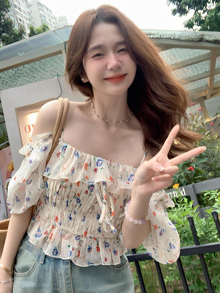 碎花短袖雪纺衫女2024新款夏季别致绝美小衫锁骨一字肩衬衫上衣女