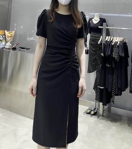 夏抽绳褶皱收腰显瘦气质开叉裙女