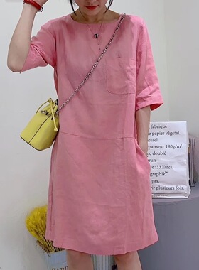 beautiful+棉麻连衣裙 2021夏新款气质优雅宽松显瘦简约直筒裙030