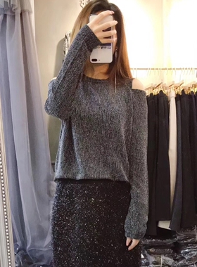 茗苒黑色长袖打底衬衫女春季宽松百搭亮丝露肩T恤设计感套头上衣