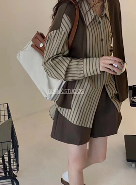 THEBLANK假两件披肩条纹衬衫女春季韩版宽松百搭针织拼接长袖上衣