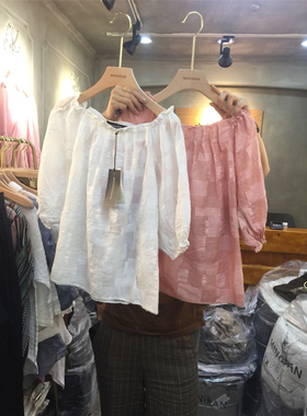 茗苒休闲格子衬衫女春夏季2022宽松气质百褶圆领木耳花边半袖上衣