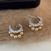 新品 限时9折 轻奢双层咖色珍珠耳环女镶锆石高级感小众设计耳圈
