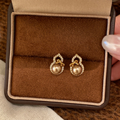 大米饰品 925银针满钻蝴蝶结珍珠耳钉女轻奢高级感金色葫芦耳环