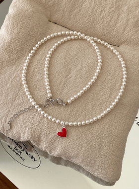 大米饰品】珍珠项链s925纯银红色爱心滴釉吊坠锁骨链小众高级颈链