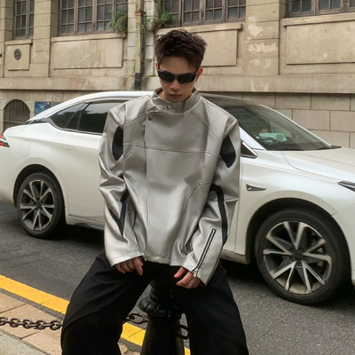 机车夹克外套男秋冬拼皮垫肩夹克