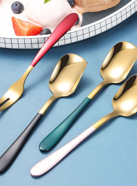 304不锈钢叉勺网红甜品勺ins水果叉喷漆镀色餐具创意雪糕勺二齿叉