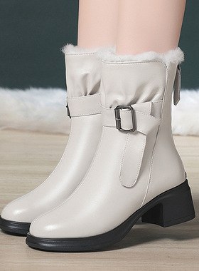 冬季新款加绒加厚保暖棉鞋女士白色羊毛短靴中跟皮毛一体雪地棉靴