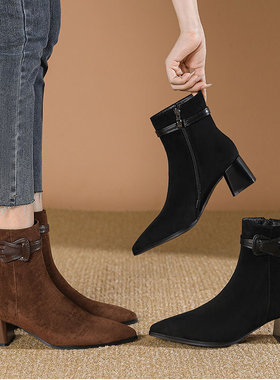 尖头短靴女2025新款冬秋单靴黑色绒面高跟中筒靴子法式粗跟瘦瘦靴