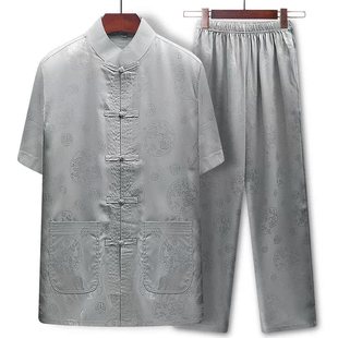 衣服衬衫 冰丝套装 老年人中式 中国风男士 爷爷夏装 父亲夏季 短袖 唐装
