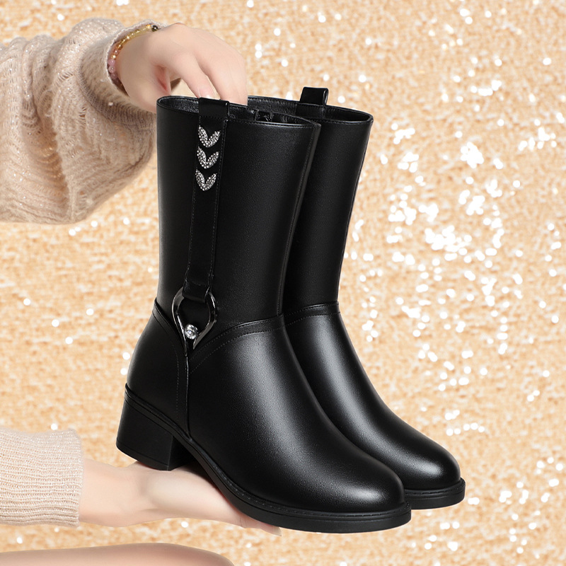 秋冬中筒靴女新款粗跟靴子软皮棉