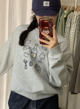 趣味印花图案灰色卫衣女秋冬季薄款加绒款宽松百搭减龄圆领上衣