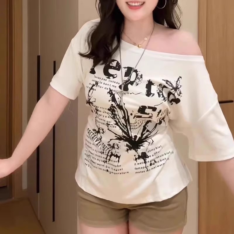 白色斜肩蝴蝶结印花短袖t恤女夏季新款休闲慵懒宽松百搭半袖上衣