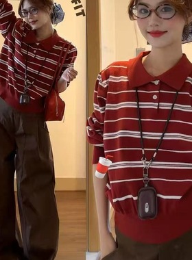 早秋季长袖t恤女2025新款设计感红色条纹针织polo衫上衣