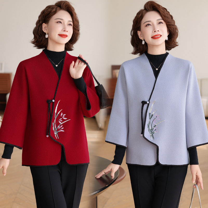 秋季中年妈妈外套加厚女士针织旗袍领开衫国风上衣气质婆婆打底衫