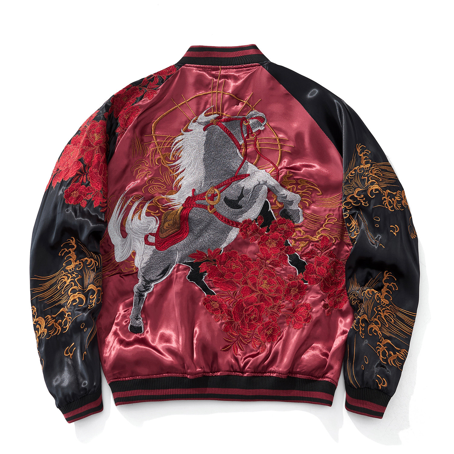 千往横须贺马年马到成功重工刺绣夹克男外套双面穿棒球服生肖红色