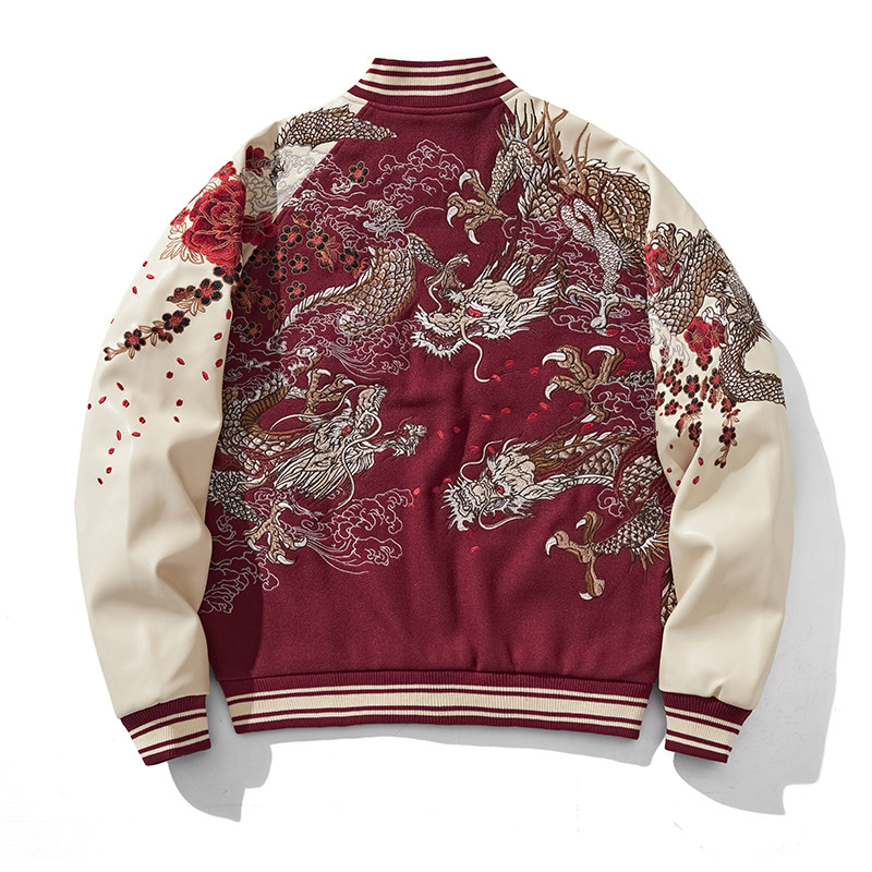千往新款毛呢外套三龙群龙爆款撞色上衣男女横须贺重磅刺绣龙红色