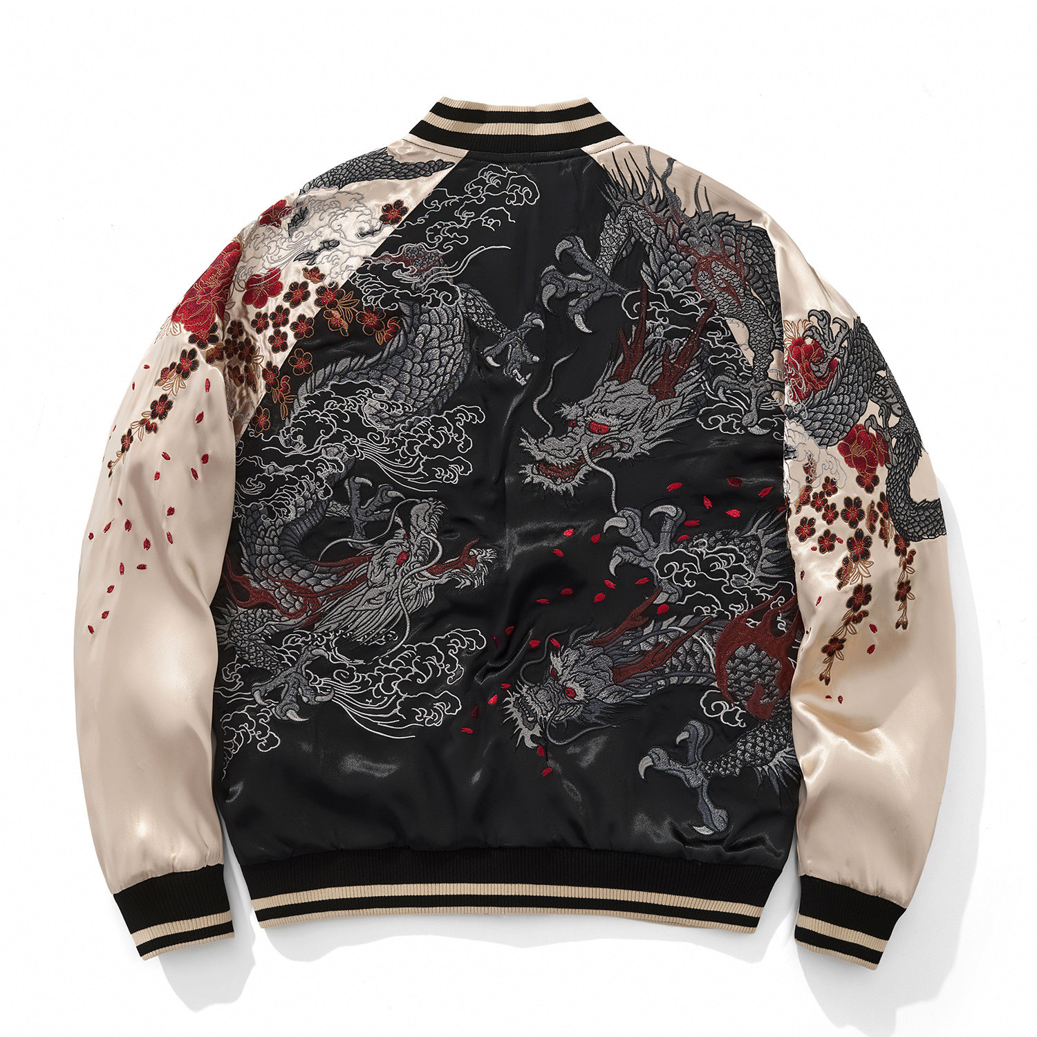 新款横须贺重工龙刺绣棒球服夹克男士缎面外套三龙上衣春秋季国潮