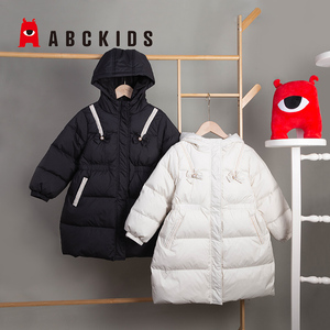 abckids童装女童羽绒服中长款韩版外套2023冬款儿童保暖鸭绒袄子