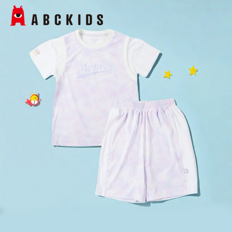 Abckids童装2025夏款儿童运动套装女童短袖短裤两件套小学生裤子