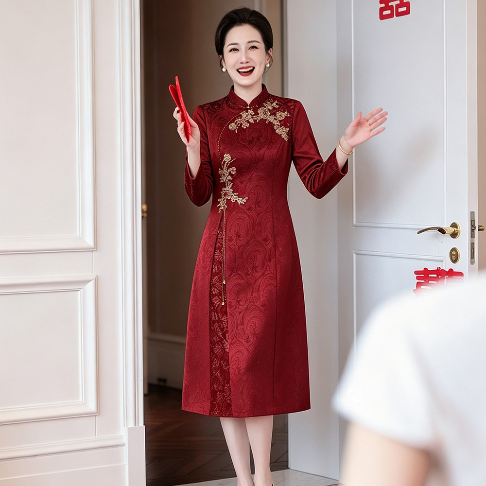 喜婆婆婚宴装2026新款高贵年轻改良旗袍妈妈礼服女秋季订婚连衣裙