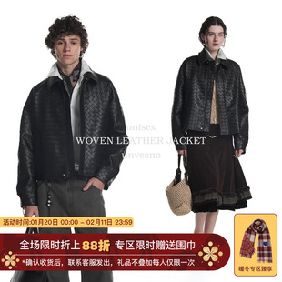 【编织纹理】Unvesno(UN)意大利高级保暖皮革短阔夹克编织外套秋