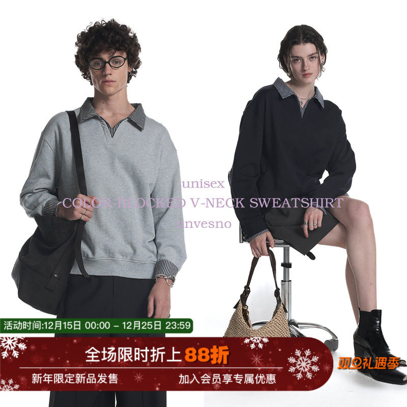 【自发热】(UN)轻休闲自发热条纹衬衫领假两件V领抓绒卫衣保暖