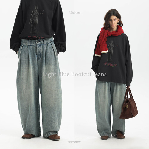 【多种洗水】Unvesno(UN)25春夏复古浅蓝怀旧慵懒阔腿弯刀牛仔裤