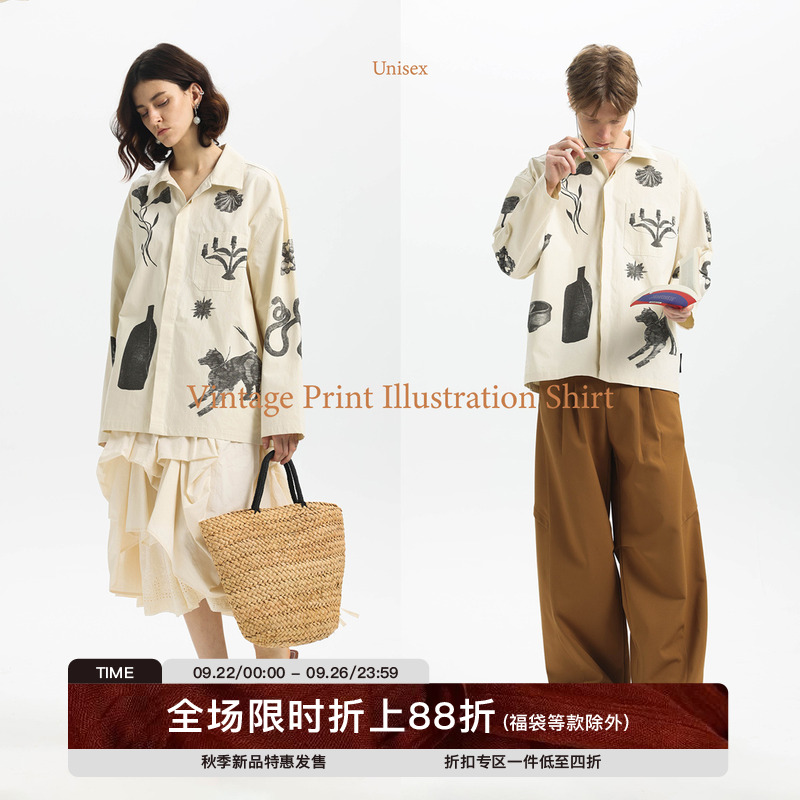 【古早手绘】Unvesno(UN)25春夏印花隐藏纽扣麻感慵懒衬衫长袖