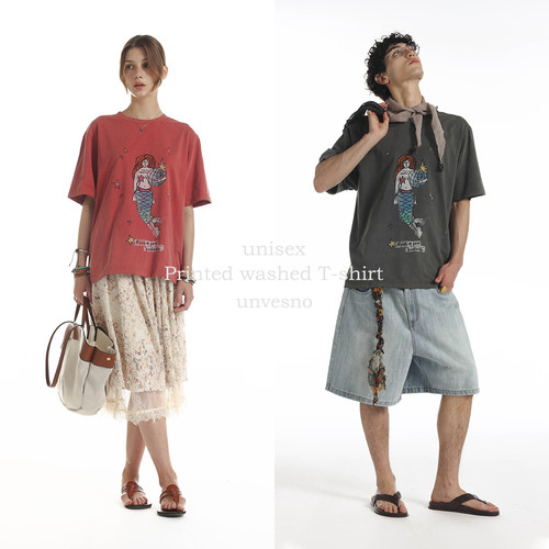 【洗褪磨破】Unvesno(UN)Vintage洗褪怀旧磨破叛逆美人鱼印花T恤 - 封面