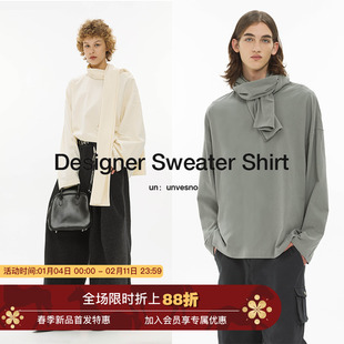 Unvesno(UN)凹造型围巾式斜襟纽扣套头内搭休闲长袖T恤