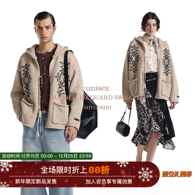 【羊毛混纺】Unvesno(UN)城市牧歌粗针手工提连帽保暖开衫毛衣秋